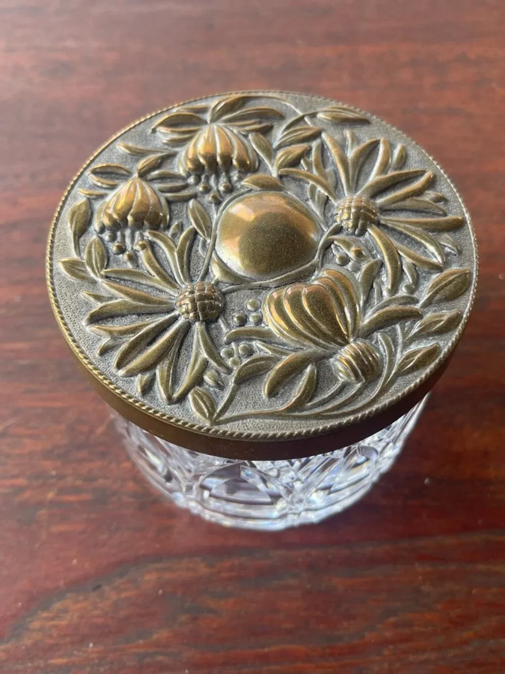 Antique Art Nouveau Flower Brass Cover & Cut Glass Vanity Dresser Jar